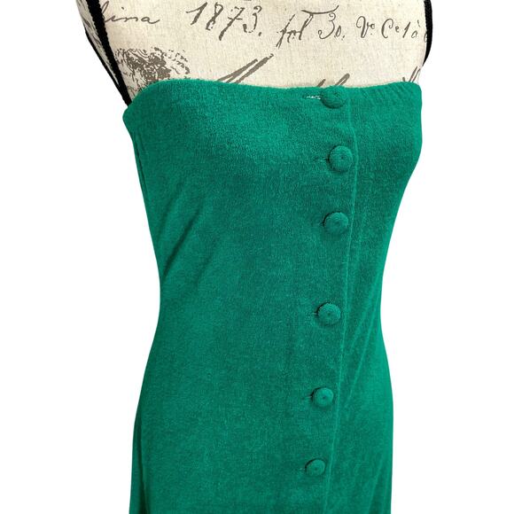 Vintage Retro 70s Green Terry Cloth Button Strapless Tubetop Coverup Dress Small - Picture 2 of 11